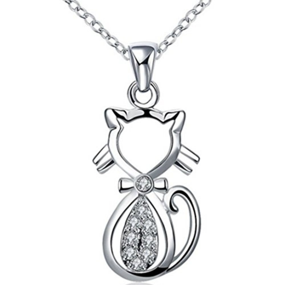 📚 Silver Cat Necklace With Crystals